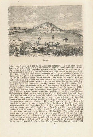 City Views, Landscapes, Africa, Burkino Faso, Mali, Kabara, Komboriberge, "Komboriberge" (Burkino Faso)  Reverse Side:   "Kabara" (Mali)  Wood engravings on a page of text about this region in Africa. Publshed 1877.