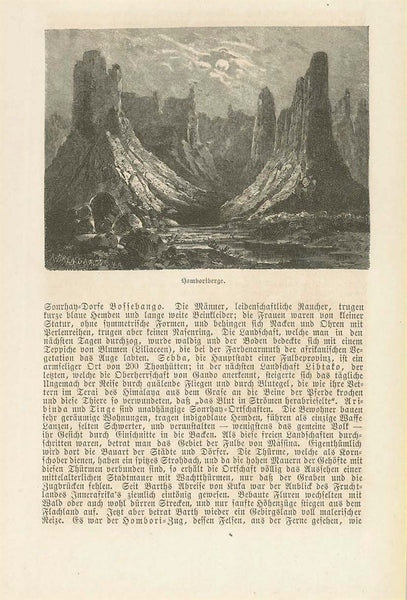 City Views, Landscapes, Africa, Burkino Faso, Mali, Kabara, Komboriberge, "Komboriberge" (Burkino Faso)  Reverse Side:   "Kabara" (Mali)  Wood engravings on a page of text about this region in Africa. Publshed 1877.