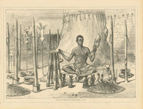 People, Religious, Africa, Dahomey, Priest, Spinning Holy Cotton, "Ein Priester in Dahomey, heilge Baumwolle spinnend" A priest in Dahomey spinning holy cotton.  Wood engraving published 1879. On the reverse side is an article about Dahomey and the custom of spinning holy cotton. Overall light natural age toning.