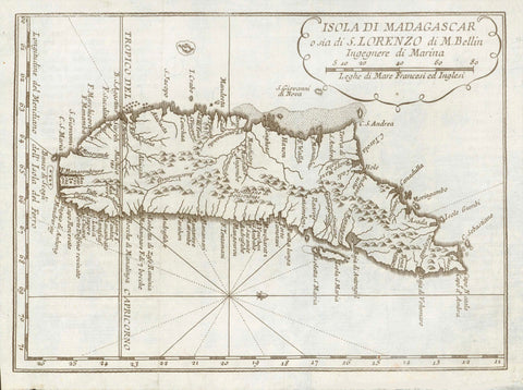 "Isola di Madagascar O Sia S. Lorenzo Di M. Bellin"  Madagascar, San Lorenzo, Tropic of Capricorn, Bellin  Copper engraving from the Italian editon of the Bellin Atlas. The west side of the island is at the top of the map. On the left side is the double line of the Tropic of Capricorn.  The map was published ca 1760.  Original antique print    For a 30% discount enter MAPS30 at chekout 