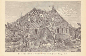 "Bau der erste Kathedrale zu Ehren des Hl. Petrus zu U.L. Frau von Kamoga" (in Uganda)  Africa, Uganda, Kamoga, Cathedral  Wood engraving on a page of text published 1897.