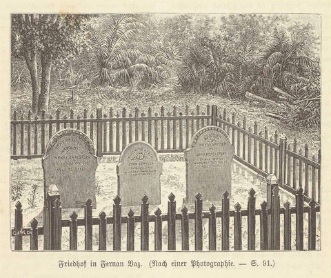 "Friedhof in Fernan Baz" (Gabon)Wood engraving on a page of text about early Missionary activity in Fernan Baz and the region. Text continues on reverse side of page.  Pubished 1897.  Original antique print  Cemetery  "Friedhof in Fernan Baz" (Gabon)Wood engraving on a page of text about early Missionary activity in Fernan Baz and the region. Text continues on reverse side of page.  Pubished 1897.  Original antique print  