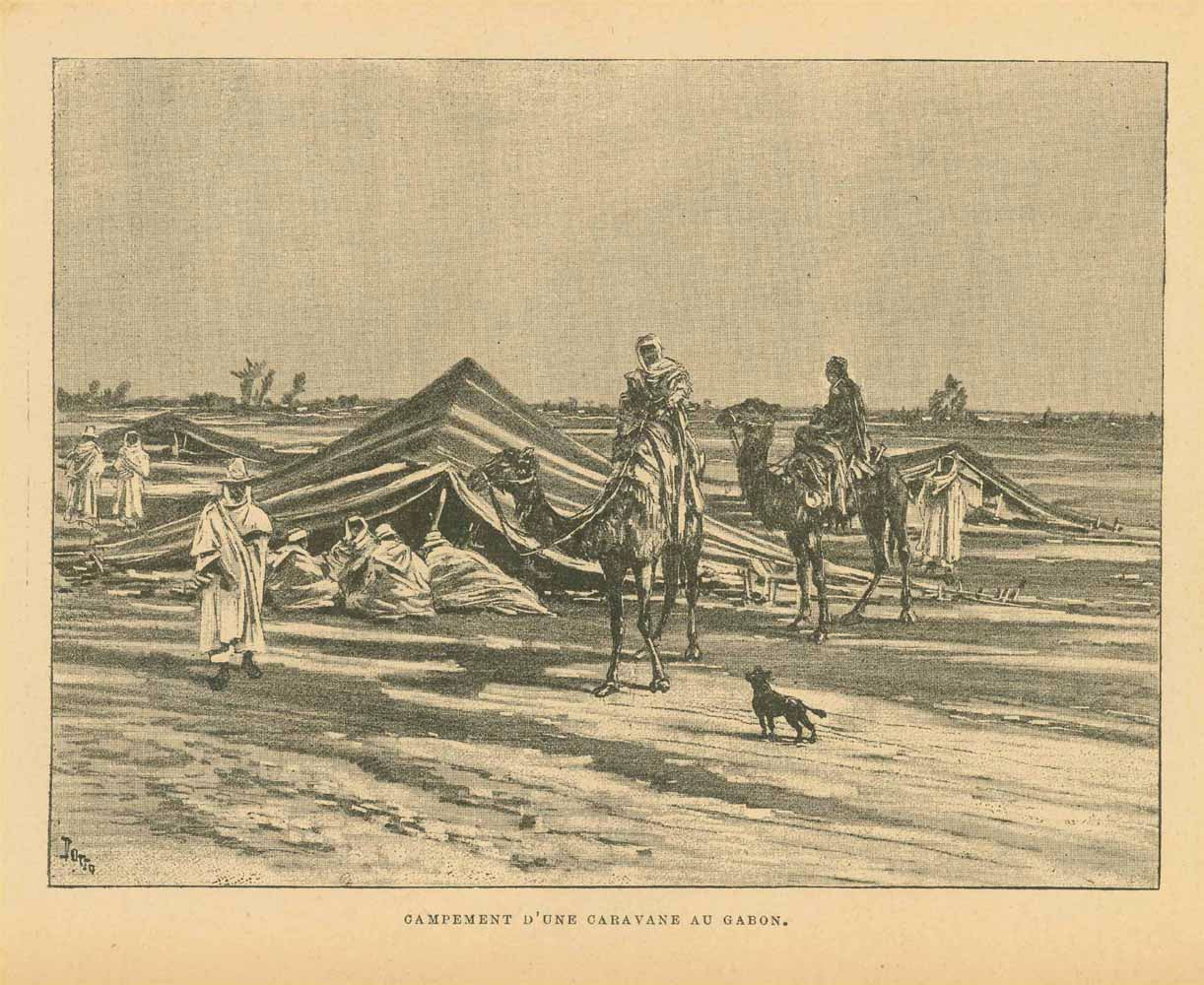 "Campemont D'Une Caravan Au Gabon"  Peoples, Afrique, Africa, Afrika, Gabun, Gabon, Gabonese Republic  Zincograph ca 1890.  Original antique print  