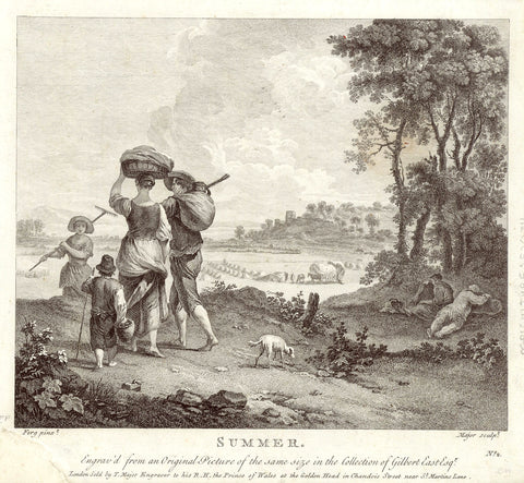 "Summer"  Copper engraving by Major after a painting by Ferg ca 1800.  Plesant view of farm family with haymaking in the background.  "Sold by T. Major engraver to his R. H. the Prince of Wales at the  Golden Head in chandois Street near St. Martins Lane."