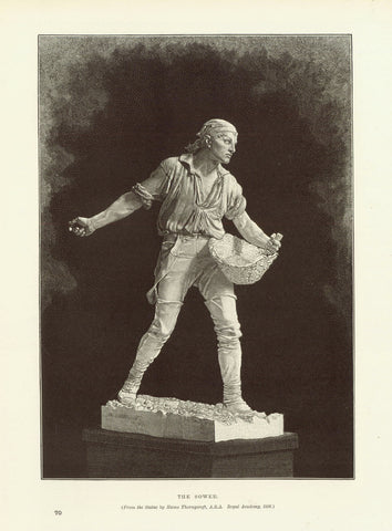 "The Sower"  Wood engraving made after the statue by Hanno Thornycroft, 1895.  23 x 16 cm ( 9 x 6.2 ")