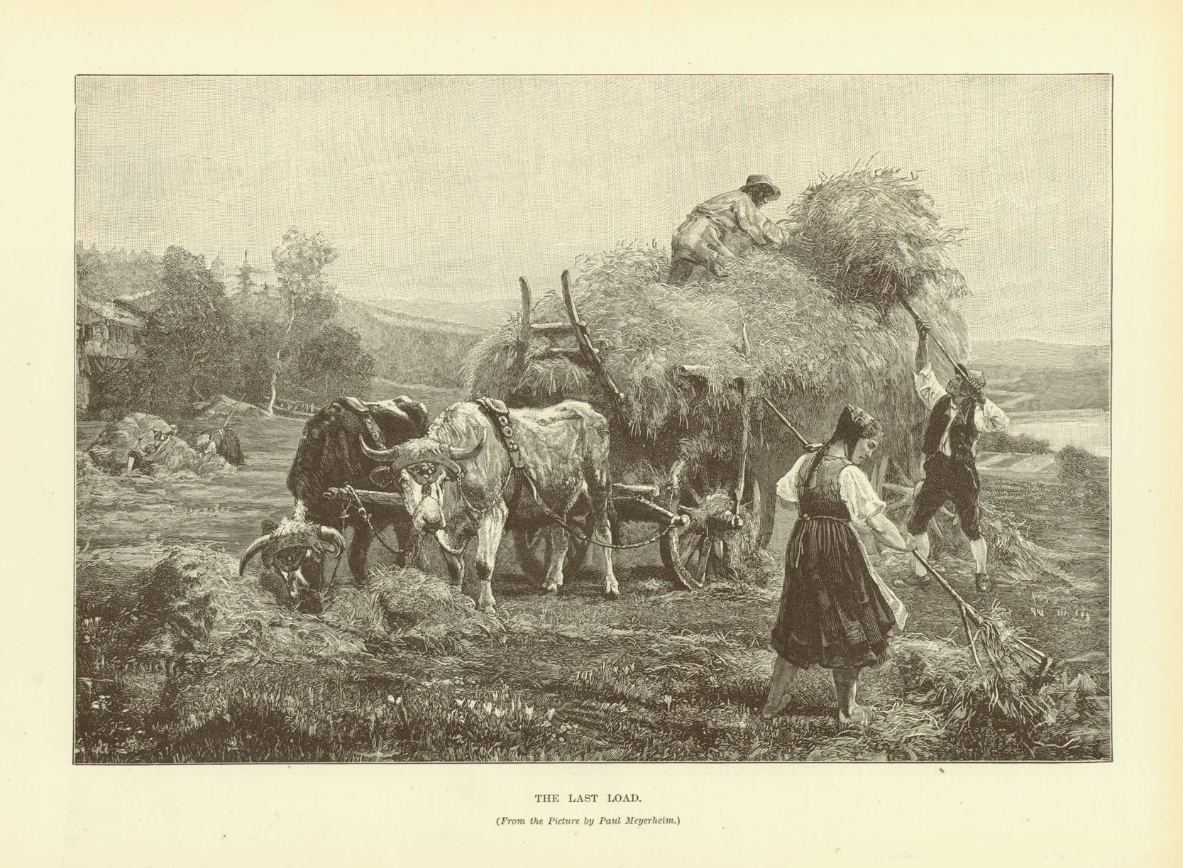 Agriculture, "The Last Load"  Wood engraving made after a picture by Paul Meyerheim, 1895. Reverse side is printed with unrelated text.