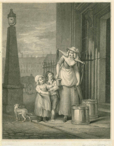 Milk. - "Milk below Maids"  Stopple copper engraving by luigi Schiavonetti (1765-1810)  After the painting by Francis Wheatley (1747-1801)  Published in the series by Wheatley called "The Cries of London"  London, 1793