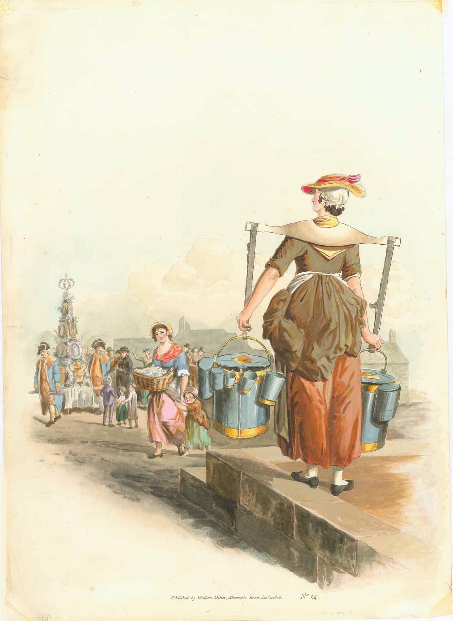 Milk. - No title. Milk Maid caries yoke with milk buckets and various measures.  Aquatint. Original hand color  Published by William Miller  London, dated 1805. Second edition. Paper water mark: 1821.