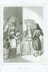 Peoples, Albania, Albanians, Greek, Greek bride, Wedding, "Mariee greque"  Steel engraving by Lemaitre after Dupre of a Greek bride with Albanians. Published ca 1850.  Original antique print , interior design, wall decoration, ideas, idea, gift ideas, present, vintage, charming, special, decoration, home interior, living room design