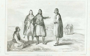 "Albanais et Souliotes"  'The Souliotes were an Eastern Orthodox community of the area of Souli, in Epirus, known for their military prowess, their resistance to the local Ottoman Albanian ruler Ali Pasha.' (Wikipedia)  Steel engraving by Lemaitre after Lafond ca 1850.  Original antique print 