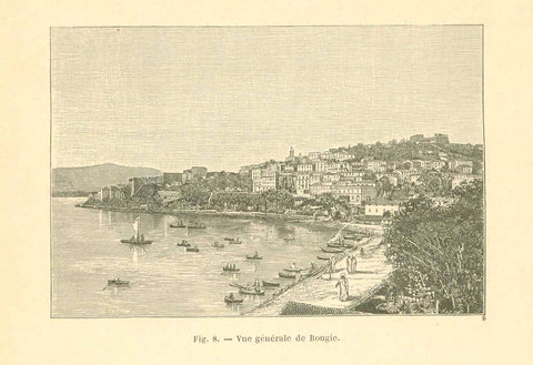 "Vue genrale de Bougie" (today Bejaia)  Wood engraving on a page of text about Bougie (Bejaia) that continues on the reverse side. Published ca 1875.  Original antique print  