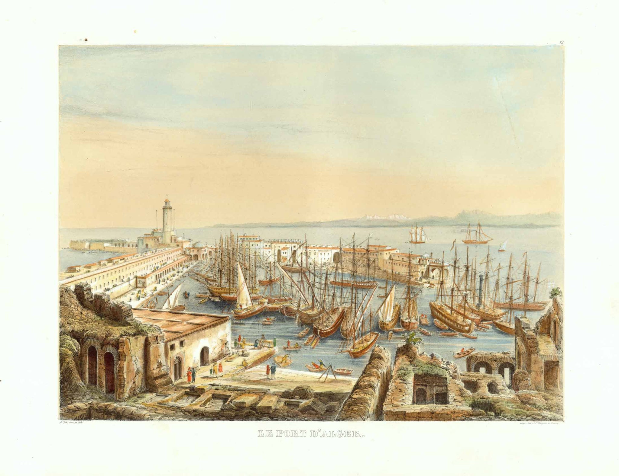 Le Port D'Alger.  View of Algeria originates from Adolphe Otth's travel observations in Algeria. He was the designer and lithographer for this astounding series which were published by J. F. Wagner at Berne, Switzerland.Ca 1850 as Esquisses africaines, dessinées pendant un voyage à Alger".  Original antique print  