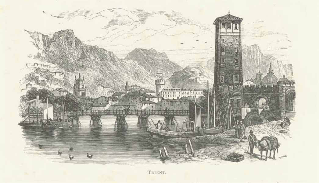 Trento "Trient"  Wood engraving on a page of English text about Trient, its history, and the surrounding area that continues on the reverse side. Published ca 1880.  Original antique print , interior design, wall decoration, ideas, idea, gift ideas, present, vintage, charming, special, decoration, home interior, living room design