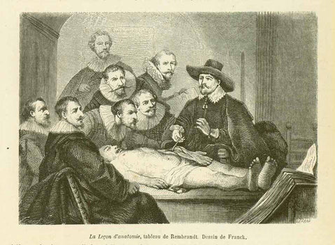 "La Lecon d'anatomie, tableau de Rembrandt"  Wood engraving by Franck after a painting by Rembrandt. Published 1860. Reverse side is printed.
