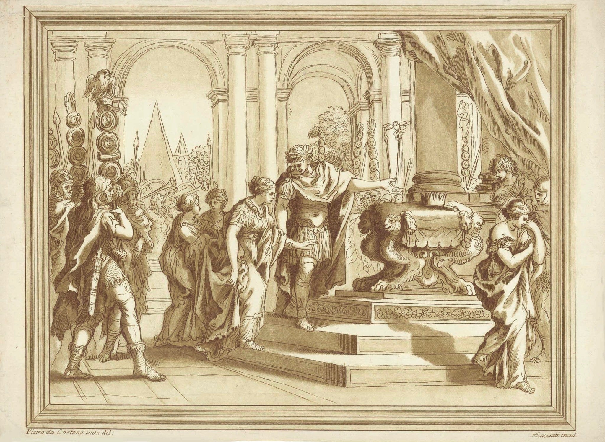 Caesar guiding Cleopatra to the throne of Egypt  Aquatinta etching by Andrea Scacciati (1725-1771)  After the drawing by Pietro da Cortona (Pietro Berrttini da Cortona (1596-1669)  Study work by Pietro da Cortona for a painting he did with this theme.  Roman Emperor Caesar, after defeating Ptolemy XII, fell in love with beautiful Cleopatra. He led her to the Egyptian throne while she was in dispute with her brother Ptolemy. We see her here ascending the steps to the throne, ushered there by Caesar.