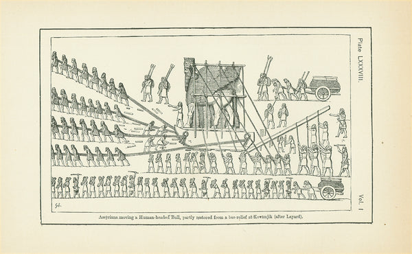 "Circular Breat Ornament on a Royal Robe (Nimrod)"  Page size: 20 x 12.5 cm (7.8 x 4.9")  *****  Reverse side:  "Assyrians moving a Human-headed Bull, partly restored from a bas-relief at Kovunjik (after Layard)"  Wood engravings on both sides of a page pblished 1875  Original antique print 