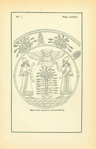 "Circular Breat Ornament on a Royal Robe (Nimrod)"  Page size: 20 x 12.5 cm (7.8 x 4.9")  *****  Reverse side:  "Assyrians moving a Human-headed Bull, partly restored from a bas-relief at Kovunjik (after Layard)"  Wood engravings on both sides of a page pblished 1875  Original antique print 