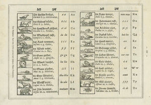 "Das Alphabet, Aud dem Orbis pictus des Johann Amos Comenius"  Each of the charming images is followed by the German word describing the sound that each image makes. Name and sound of each animal also in Latin.  Wood engraving from the famous work by Comenius(1592-1670). This print was published 1880. On the reverse side is a short article in German about the Comenius alphabet.