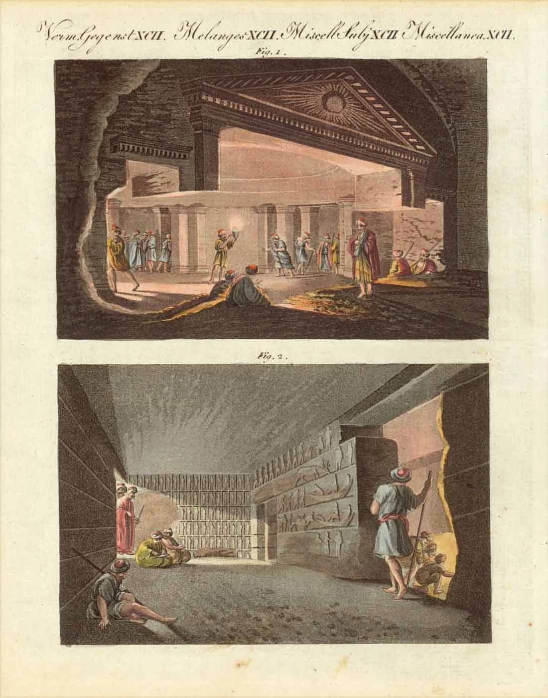 Upper image; "Katakomben in Alexandrien" Lower image: Untererdische Kammer bei den Pyramiden von Ghize"  Original antique print   Hand-colored copper engraving published 1807.  Included is a page of text in German and another in Italian about these archeological sites.