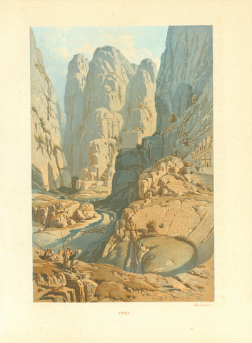 "Petra"  Print in aquatint manner by Meermann. Published 1861. Light natural toning in margins.  Original antique print  Jordanien, Archäologie, Archeology, theatre, "Petra" - archeological sight  Ancient theatre