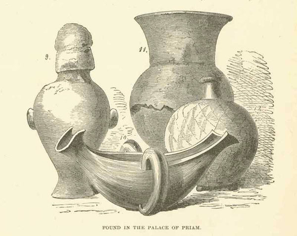 Three separate pages with wood engraving images of ceramics found in the palace of Priam in Turkey.. Each image is on a full page that has English text on the reverse side about the archeological discoveries. Published ca 1880.  Original antique print 