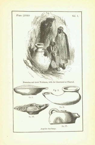Assyrian vases, urns and seals.  ***  Reverse side:  Nestorian and Arab Workmen, Assyrian clay lamps.   Wood engravings published 1875