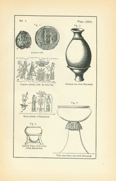 Assyrian vases, urns and seals.  ***  Reverse side:  Nestorian and Arab Workmen, Assyrian clay lamps.   Wood engravings published 1875