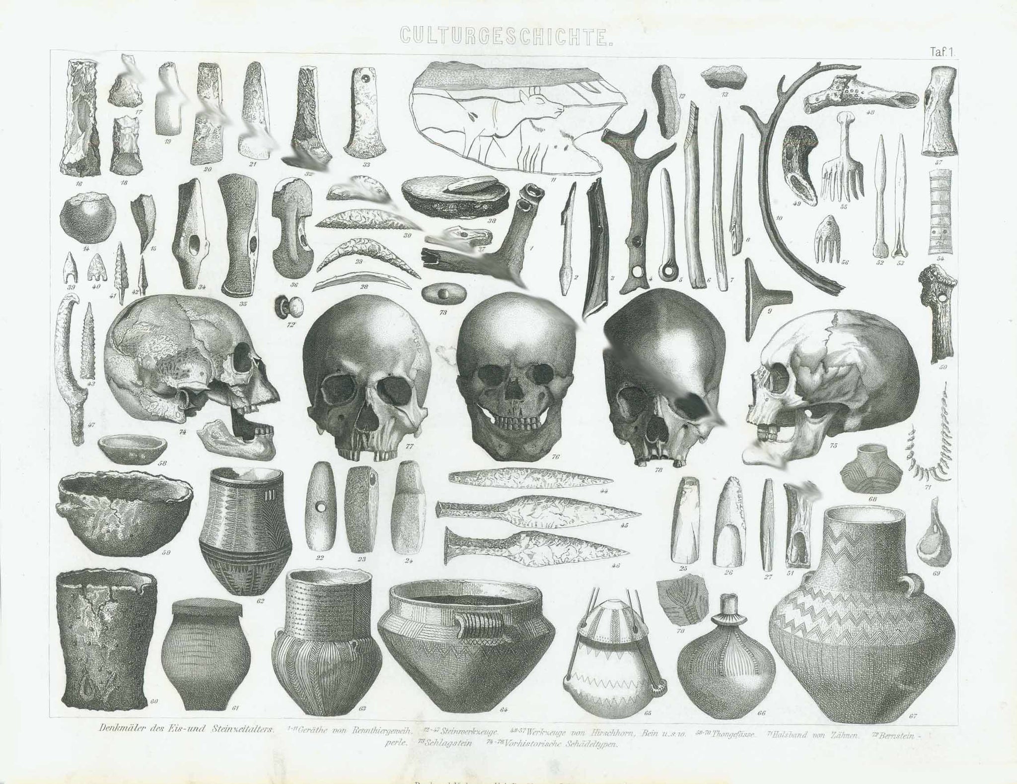 "Culturgeschichte"  "Denkmaeler des Eis- und Steinzeitalters" (Artefacts and skeletal rests of the Ice and Stone Age)  Steel engraving published 1870.  Original antique print 