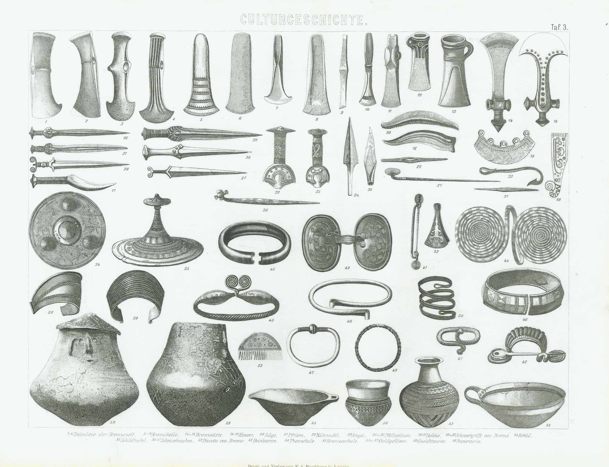 "Culturgeschichte"  (Artefacts of the Bronze Age)  Steel engraving published 1870.  Original antique print  