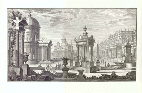 No title. Classical architecture capriccio.  Copper etching by Giuseppe Galli da Bibiena (1696 - 1757)  A diversely talented artist, Bibiena produced theater stage design and classical architecture design of the highest quality. He also planned weddings, obsequies, festivities for the noble and for the Empirial and Royal courts of Vienna and Berlin.  Original antique print 