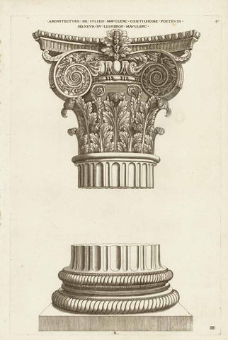 "Architecture de Julian Mauclerc - Gentilehome - Poeteuin - Signeur - DV - Ligneron - Mauclerc "  Column, Architecture de Julian Mauclerc, Gentilehome, Poeteuin  Copper engraving by Pierre Daret after a design by Julien Mauclerc.  Published ca 1670.