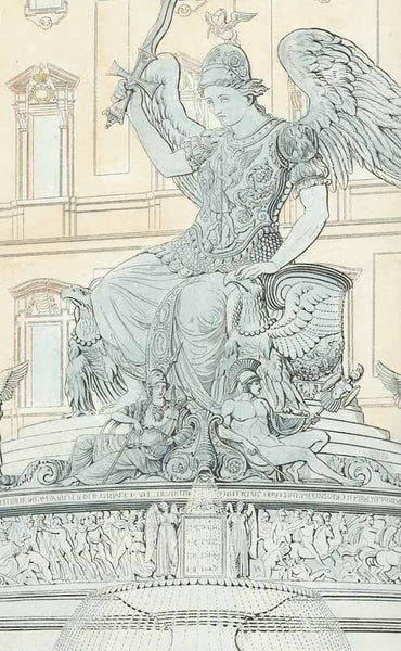 "Entwurf für einen öffentlichen Brunnen als Denkmal der Ereignisse in den Jahren 1813, 1814, 1815"  Kupferradierung von Ferdinand Berger nach Entwurf und Zeichnung von Karl Friedrich Schinkel (1781-1841)  Das Gebäude im Hintergrund leicht aquarelliert  Entwurf für ein Denkmal für die Gefallenen der Befreiungskriege