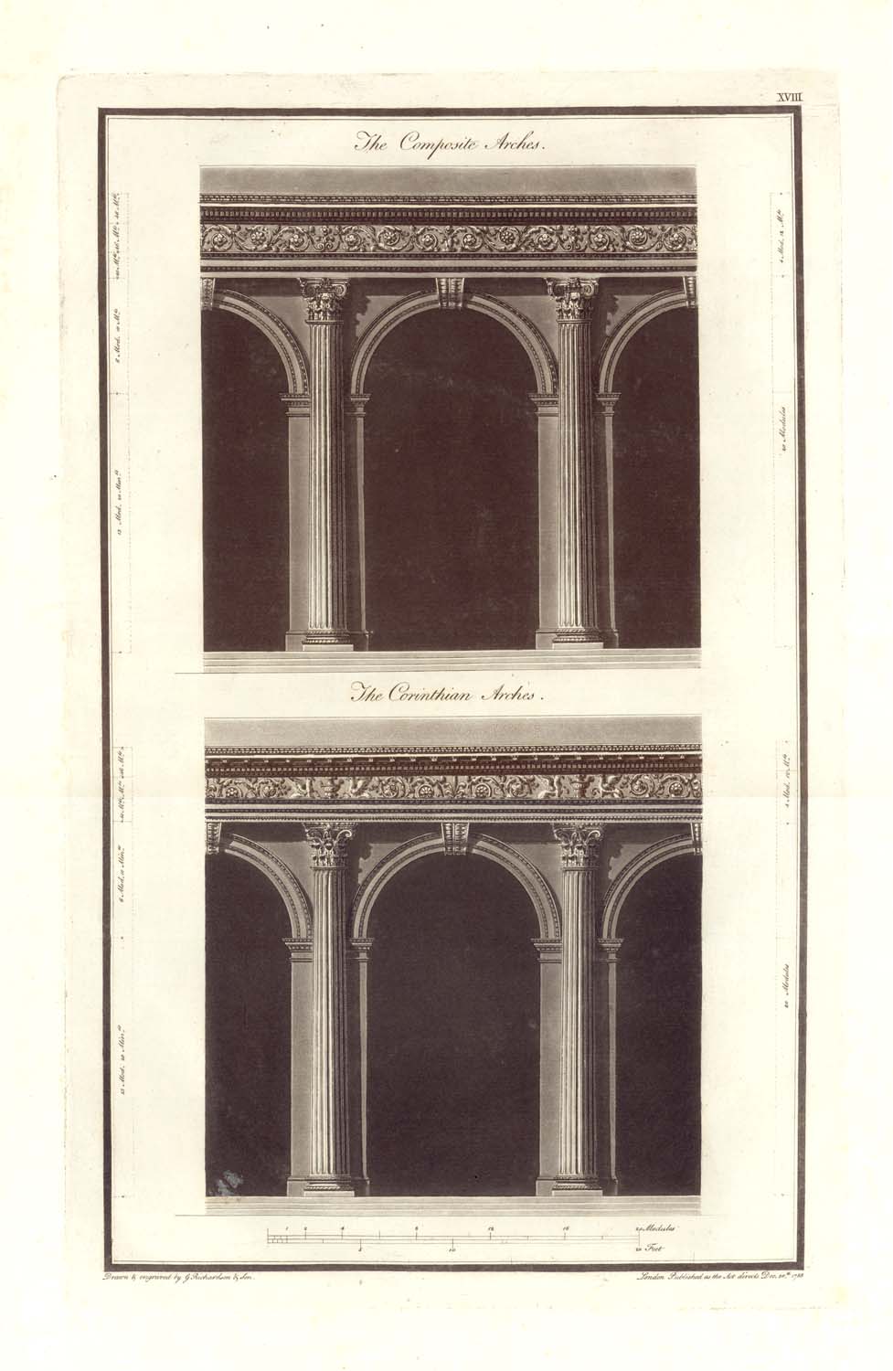 Anonymes Aquatinta   Herausgegeben George Richardson (1736 ? - 1817 ?) Die Lebensdaten sind bei Thieme / Becker als ungewiss mit Fragezeichen versehen.  Datiert: London, 1787  Richardson gab etliche Architektur-Lehr- und Beispielbücher heraus,