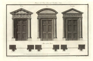  Architektur  "Doors to the Doric Ionic and Corinthian Orders"  Die klassischen Säulentypen dorisch, ionisch und korinthisch am Beispiel von Türen.  Darunter Pläne der jeweiligen Säulen von oben gesehen.  Anonymous Aquatinta   Herausgegeben George Richardson (1736 ? - 1817 ?) Die Lebensdaten sind bei Thieme / Becker als ungewiss mit Fragezeichen versehen.  Datiert: London, 1787  Original antique print  