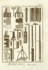 "Architecture, Maconnerie" ( tools for stonework )  Copper engraving ca 1760.