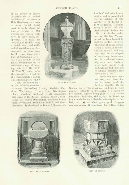 "Church Fonts" (Baptismal Fonts)  3-page article with 6 images of baptismal fonts in English churches.  Article by C. F. Yonge. Published 1895.