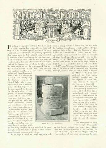 "Church Fonts" (Baptismal Fonts)  3-page article with 6 images of baptismal fonts in English churches.  Article by C. F. Yonge. Published 1895.