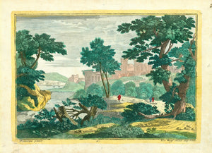 No title.  Copper engraving by Wolff after a painting by Francisque ca 1780.  This image was inspired by the "Capriccio" school of art which had  fantasy architecture set in an artistic setting.  Fine, original hand colouring.