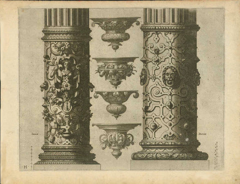 No title. - Architecture. Antique classical columns.  Left side: "Ionica", right side "dorica"  For identification purposes: This copper etching bears letter "H" at bottom left corner.  Ornate Renaissance columns  Copper etching by Hans Vredeman de Vries (1527-1607)  Published in "Variae Architecturae formae" by de Vries  Published by Theodor Galle  Antwerp, 1601  Original antique print   De Vries was fascinated with architecture. He studied extensively every book on architecture available in the Netherland