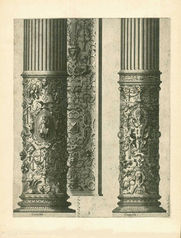 No title. - Architecture. Antique classical columns.  Left side: "Corinthia", right side "Composita"  For identification purposes: This copper etching bears letter "Z" at bottom center.  Ornate Renaissance columns  Copper etching by Hans Vredeman de Vries (1527-1607)  Published in "Variae Architecturae formae" by de Vries  Published by Theodor Galle  Antwerp, 1601  Original antique print   De Vries was fascinated with architecture. He studied extensively every book on architecture available in the Netherlan