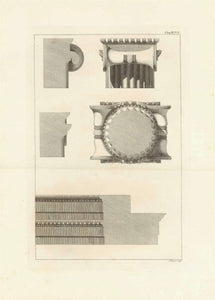  No title. - Architectural details of antique Corinthian or Ionian Column  Copper etching by J. Basire  Published by: Society of Antiquaries. London, cam. 1770  Pag. Chapter III, Pl. VI  Original antique print 