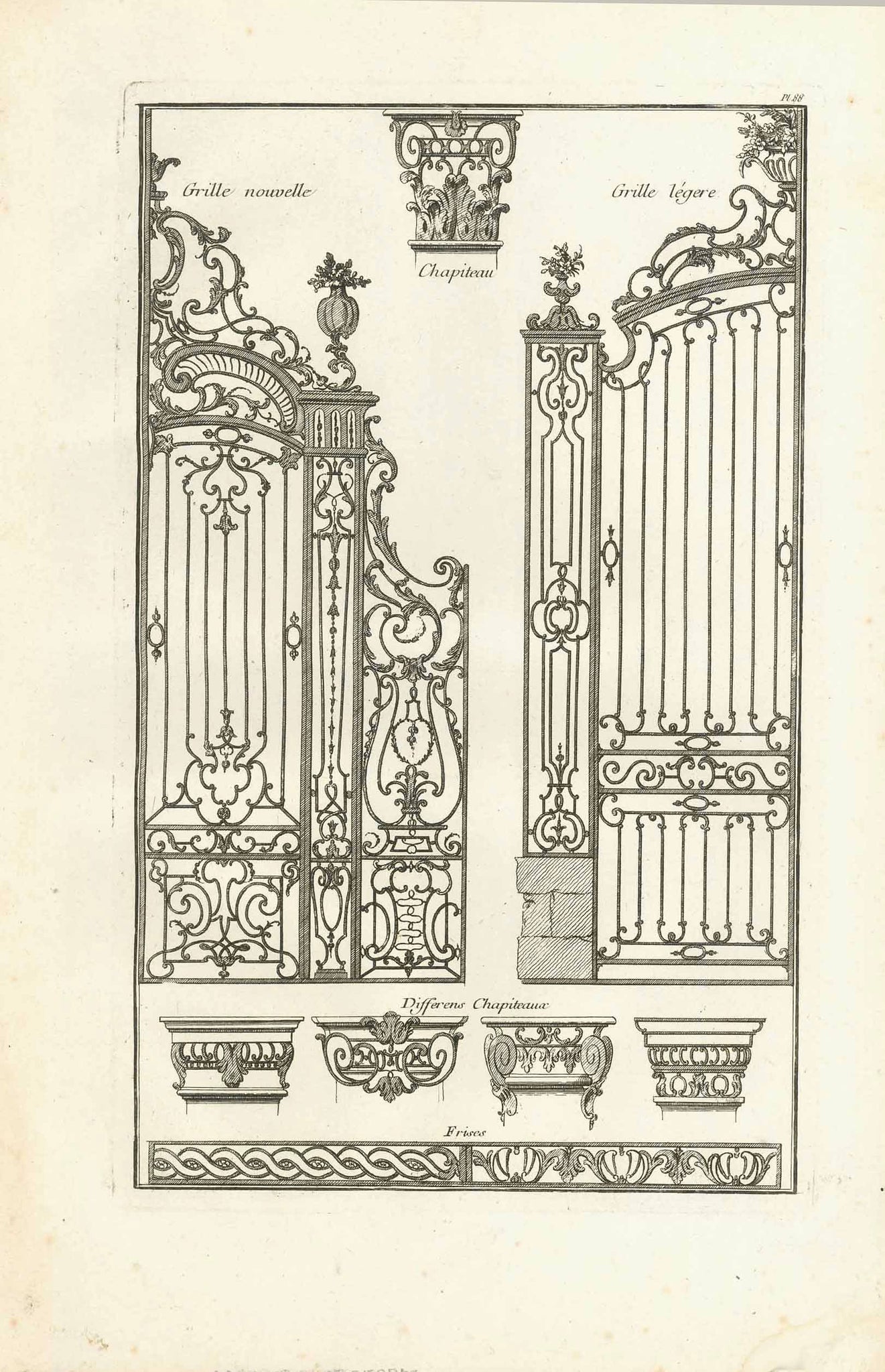 No title. Wrought Iron Gates - Capitals  Copper etching  Published in "Traite elementary pratique d'architecture ou étude des cinq ordres"  - Regula delle cinque ordini d'architettura  By Barozzi da Vignola (1507-1573)  Original Italian edition was printed in 1562. Our prints are from the French edition. Paris, 1767  Page 88 from this work.  Original antique print 