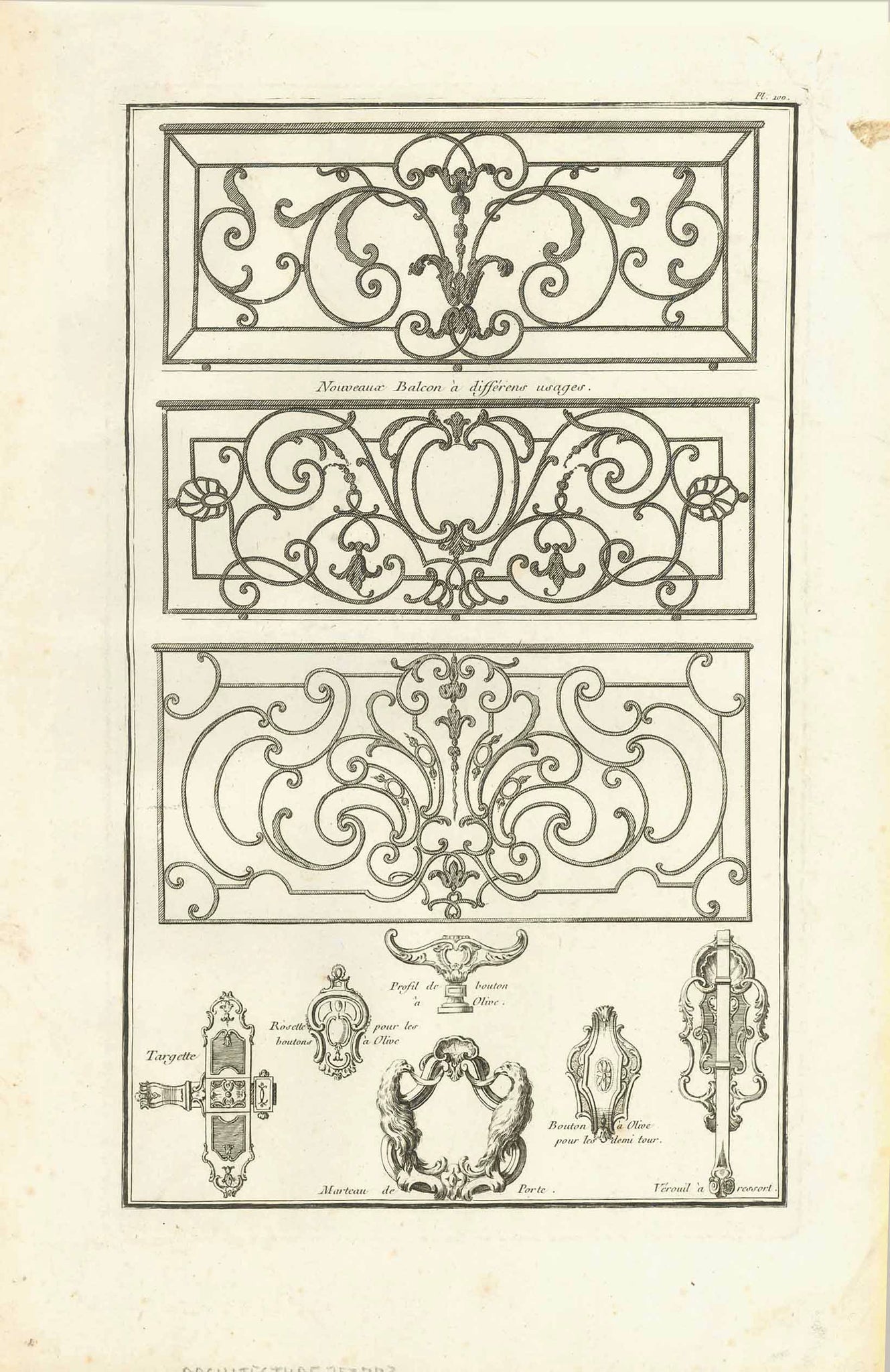 No title. Wrought Iron balcony railings and samples for bits and pieces  Copper etching  Published in "Traite elementary pratique d'architecture ou étude des cinq ordres"  - Regula delle cinque ordini d'architettura  By Barozzi da Vignola (1507-1573)  Original Italian edition was printed in 1562. Our prints are from the French edition. Paris, 1767  Page 100 from this work.  Original antique print 