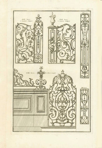 No title. Wrought Iron Gates and Grids  Copper etching  Published in "Traite elementary pratique d'architecture ou étude des cinq ordres"  - Regula delle cinque ordini d'architettura  By Barozzi da Vignola (1507-1573)  Original Italian edition was printed in 1562. Our prints are from the French edition. Paris, 1767  Page 89 from this work.  Original antique print 