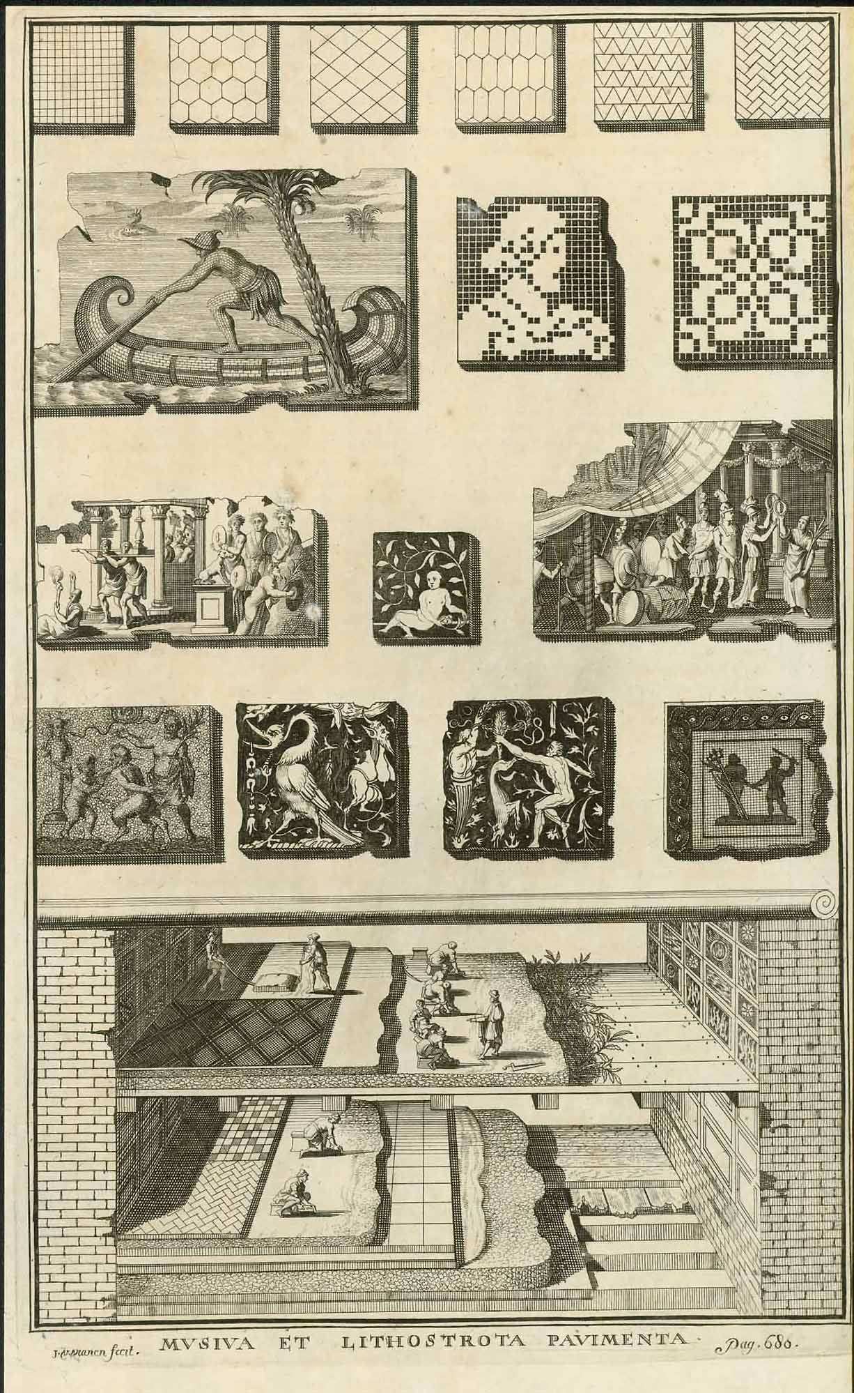 No title. Mosaic (wall or pavement)  Copper etching.  Published in Thesaurus Graecarum antiquitatum, in quo continentur effigies virorum ac foeminarum illustrium ... , adjecta brevi descriptione singulorum ..., Bde. 1&endash;3, Leiden 1697&endash;1698.  Thesaurus Graecarum antiquitatum, continens libros erudite & operose per varias aetates scriptos .... Bde. 4&endash;12/2, Leiden 1699&endash;1702.  By Jakob Gronovius (1645-1716)  Well preserved with only negligent traces of age and use. Wide margins  30,8 x
