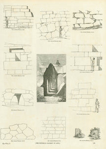 Architecture, Greece, Italy, Stone Wall Architecture, Examples of stone-wall architecture from Greece and Italy. Wood engravings publshed about 1880.  Original antique print    On the reverse side is an article about Stone-Quarries and Masonary with descriptions on various stone walls.