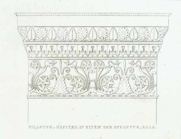 No Title - 9 designs for pillar capitals forthe museum in Berlin designed by Schinkel.  From left to right:  Upper row: Pillar capitals in a sculptur halll - 3 designs  Middle row: Pillar capitals in a sculptur halll in the Rotunda of the Museum - Pilaster capital in a room.  Lower row:  Piller capitals n the sculptur rooms.  Steel engraving by Fincke after the original by Karl Friedrich Schinkel (1781-1841)  From "Sammlung architektonischer Entwürfe" von Karl Friedrich Schinkel  Page:17  Published in Berli