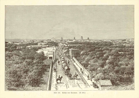 "Ansicht von Tucuman"  Wood engraving by T. Taylor ca 1895. On the reverse side is text about the  region of Tucuman, La Plata and Buenos Aires.
