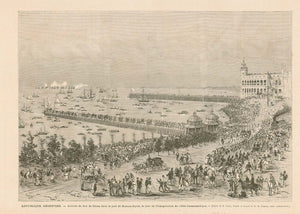 "Republique Argentine. - Arrivee du due des Genes dans le port de Buenos-Ayres, le jour de l'inauguration du cable trasatlantique"  Argentina, Buenos Aires, Transatlantic Cable  (Celebration the arrival and inauguration of the Transatlantic cable)  Wood engraving published 1874.  Original antique print  