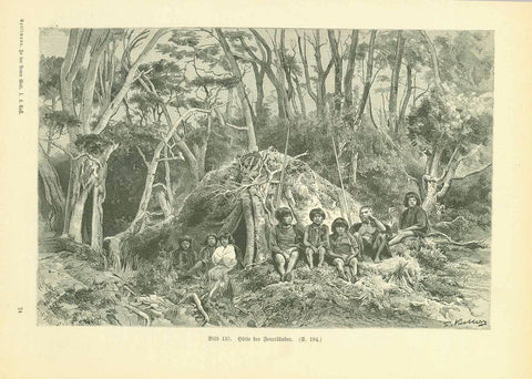 "Huetter der Feuerlaender" (Tierra del Fuego)  Wood engraving published 1904. On the reverse side is text in German about Tierra del Fuego and the Mission Candalaria.  Original antique print , interior design, wall decoration, ideas, idea, gift ideas, present, vintage, charming, special, decoration, home interior, living room design